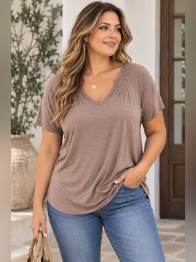 Grace & Lace Lazy Day Pleated V Neck Tee Latte Brown XL NWT